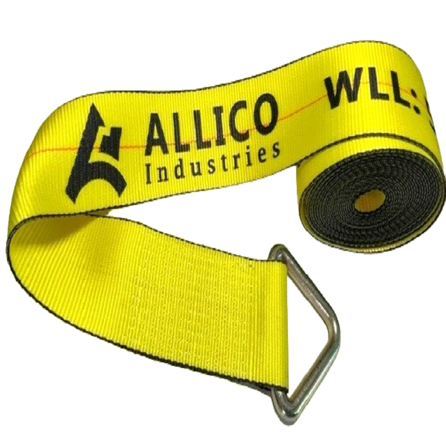 Yellow 4" X 30' winch strap with 20,000Lb D-ring, Allico Industries branding WLL: 5,400Lbs
