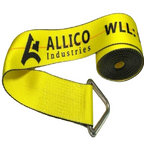 Yellow 4" X 30' winch strap with 20,000Lb D-ring, Allico Industries branding WLL: 5,400Lbs